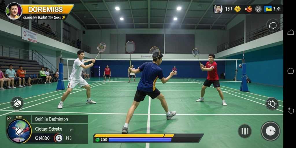 Tampilan antarmuka DOREMI88 dengan karakter bermain badminton.