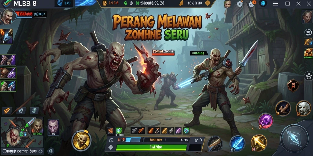 Tampilan antarmuka seru dalam MLBB8 saat bertempur melawan zombie.